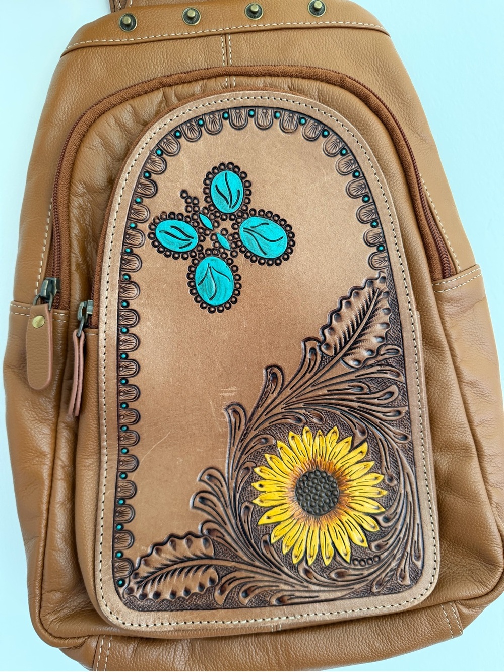 Myra Ranch Meadows Sunflower Leather Sling Bag | Western Crossbody | Boho Backpa - Picture 3 of 5